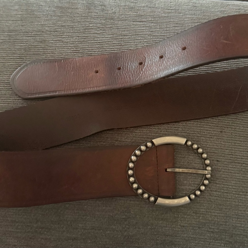 Wide Brown Leather Women's Belt with Decorative Silver-Tone Oval Buckle